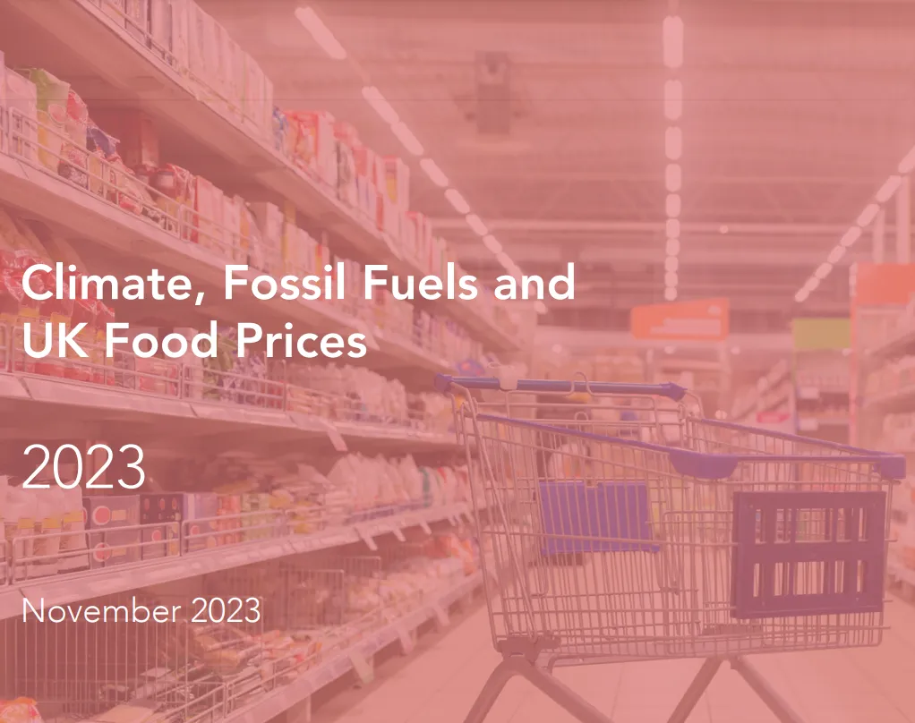 The cover of the Climate, Fossil Fuels and UK Food Prices report by The Energy & Climate Intelligence Unit. Cover shows a photo of a trolley in a supermarket isle