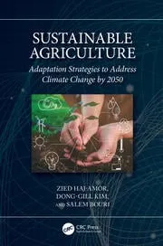 Book cover of "Sustainable Agriculture: Adaptation Strategies to Address Climate Change by 2050" with image of two hands holding soil surrounded by sustainability icons.