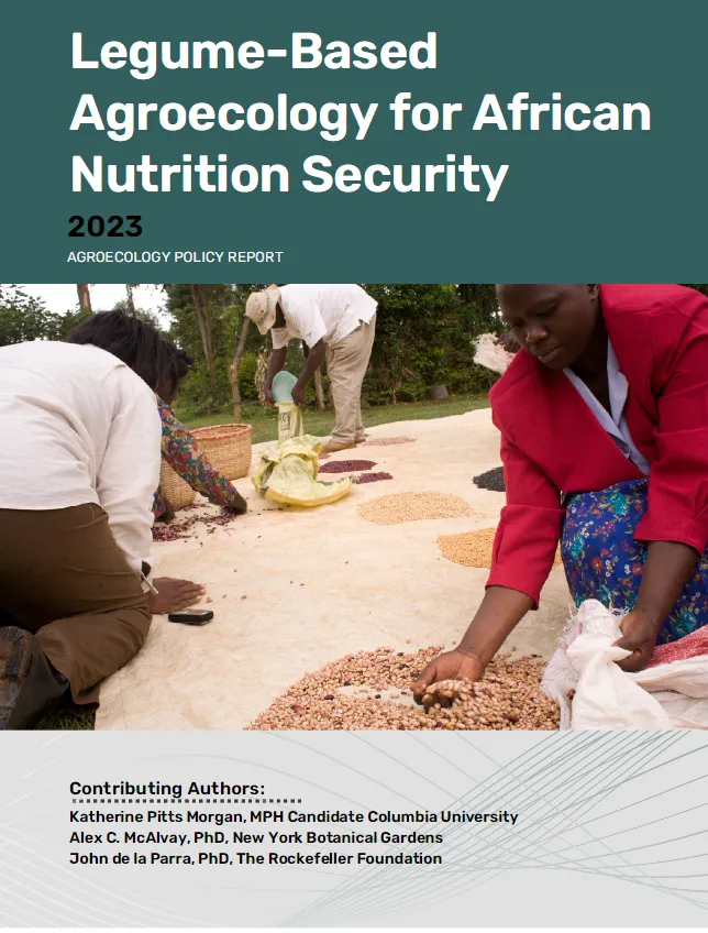 Front cover of report titled Legume-Based Agroecology for African Nutrition Security. Image contains several people processing legumes by hand.