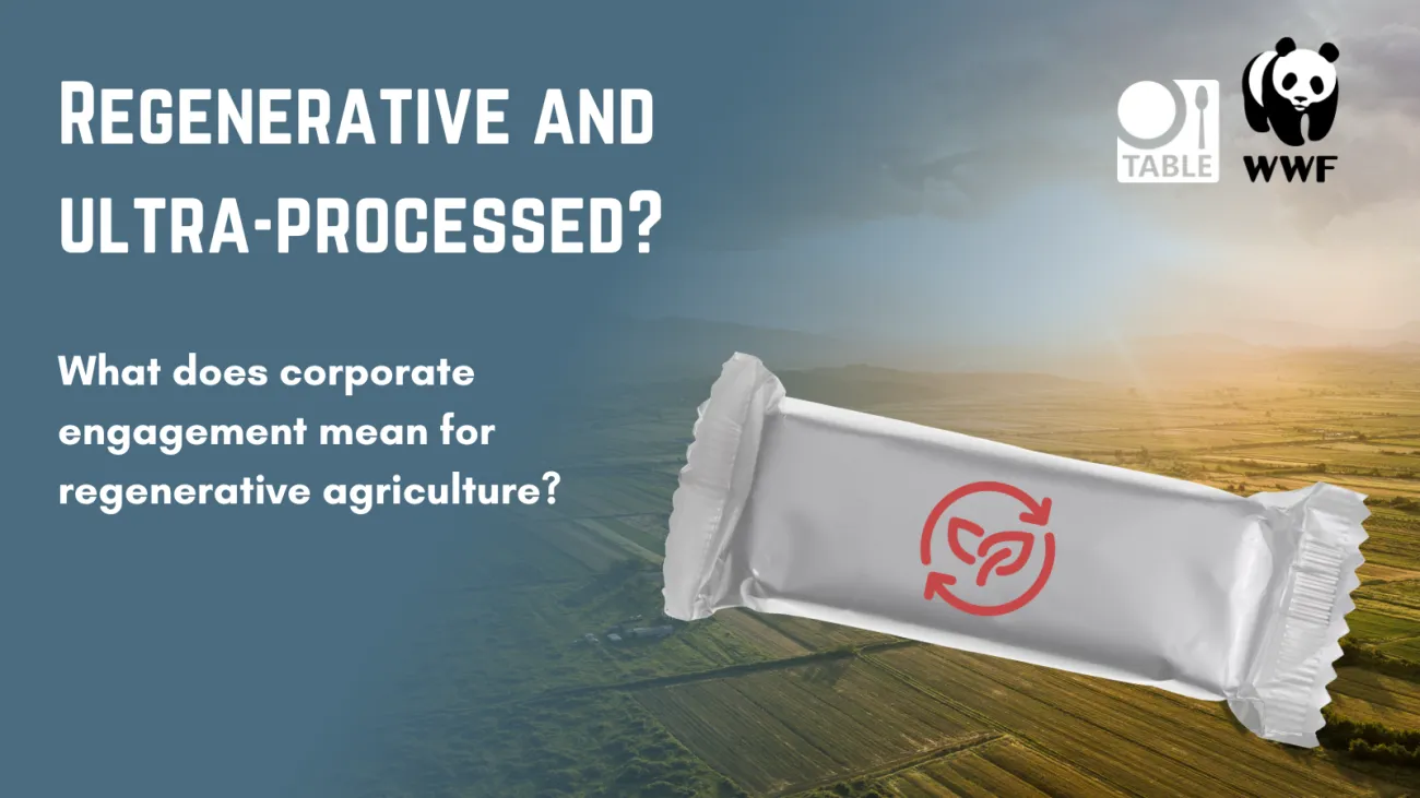 A flyer advertising a 2-part event called "Regenerative and ultra-processed? What does corporate engagement mean for regenerative agriculture?" taking place on two dates: 11 January 2024 and 7 February 2024 at 4pm GMT both days. The image also contains a gradient background with photo of a sunset over farmland and a white packaged food with a symbol on it that depicts recycling and leaf as a proxy for a regenerative label.