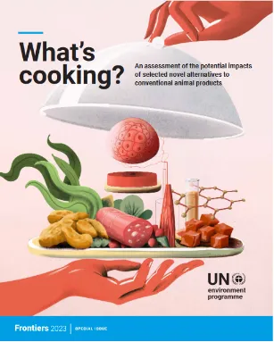 UN report cover of a hand serving a plate of animal product alternatives. Title: What's Cooking? An assessment of potential impacts of selected novel alternatives to conventional animal products