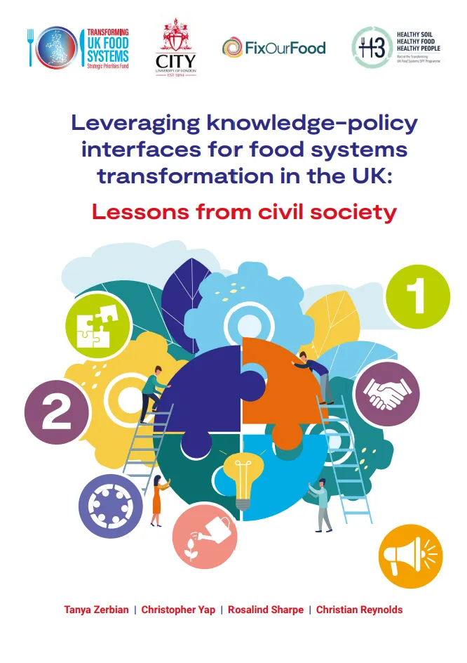 Front cover of Transforming UK Food Systems Strategic Priority Funds report titled Leveraging knowledge-policy interfaces for food systems transformation in the UK: Lessons from civil society. Image contains the title with a mix of puzzle pieces, sustainability icons, and cartoon workers fitting the pieces together