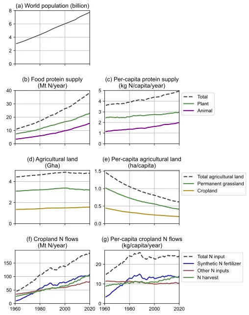 Figure 3: Key trends in global food protein supply and agriculture nitrogen (N) use 1961-2020. All N flows are expressed in million metric tonnes per year (Mt N/year). Protein is converted to N using the approximation protein = 6.25 x N. Cropland is the sum of arable land and permanent crops such as fruits, wine, and olives. Permanent grassland is pastures and meadows that have not seen tillage for at least five years. Data from the FAOSTAT database.