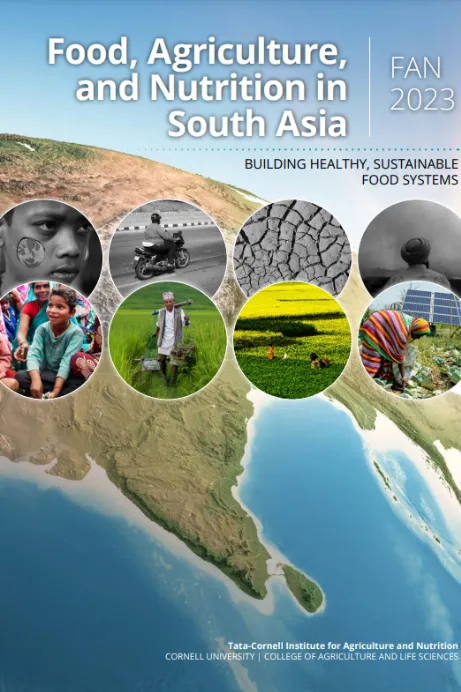 Front cover of report titled Food, Agriculture and Nutrition in South Asia. Image contains a satellite view of South Asia and circular pictures of people of the region.