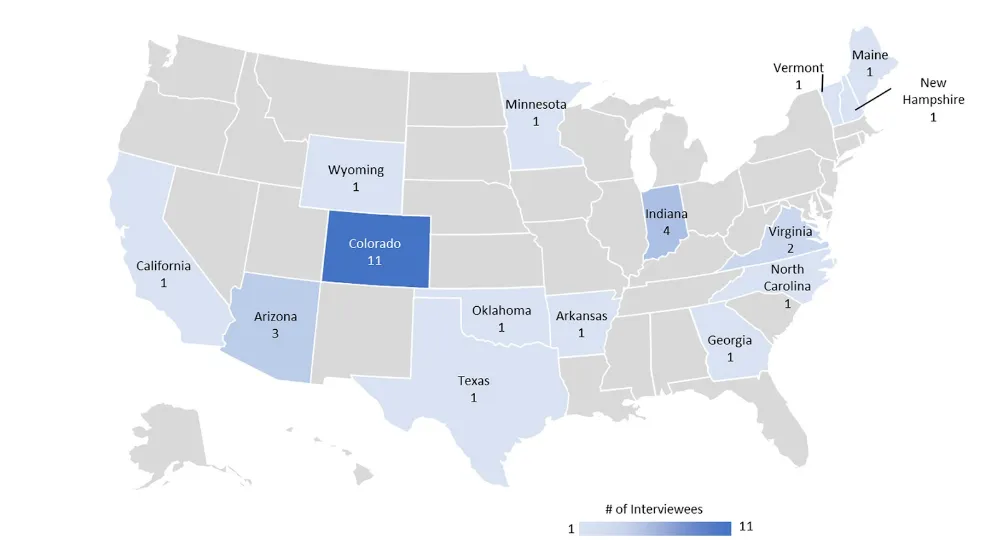 A map of the United States highlighted by the number of study participants from each state included with Colorado containing over a third of total participants.