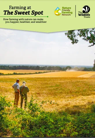 Front cover of report titled “Farming at the sweet spot” with two farmers standing looking out over a golden field.
