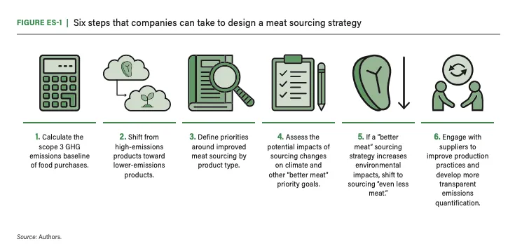 Infographic by World Resources Institute showing six steps to design a meat sourcing strategy. 