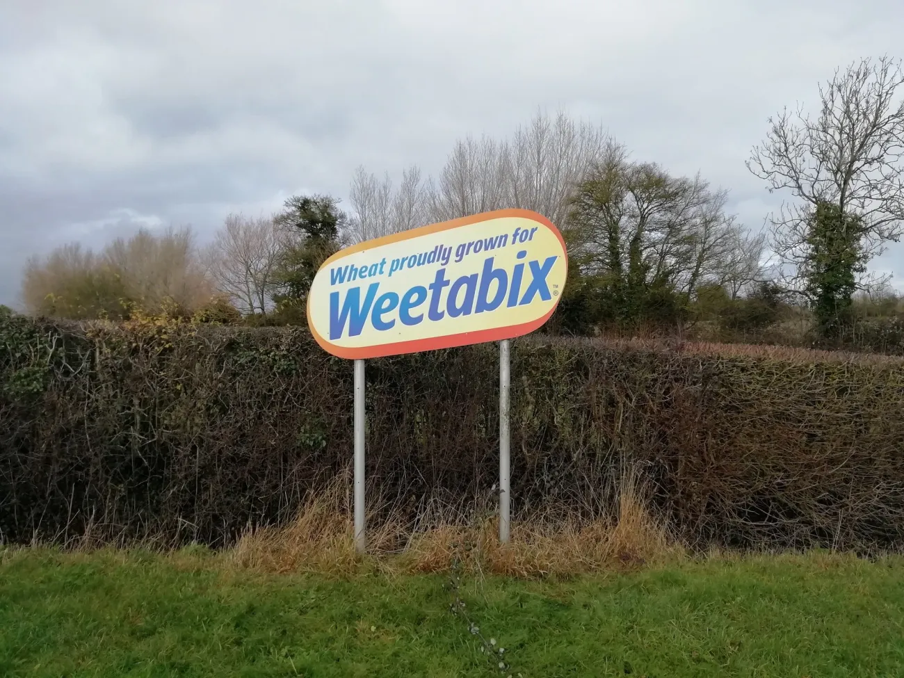 Photo by Mick Baker via Flickr. A sign of weetabix next to field