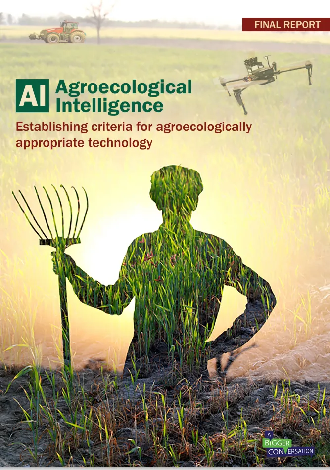 Front cover of report with a farmer’s silhouette and a drone flying overhead.