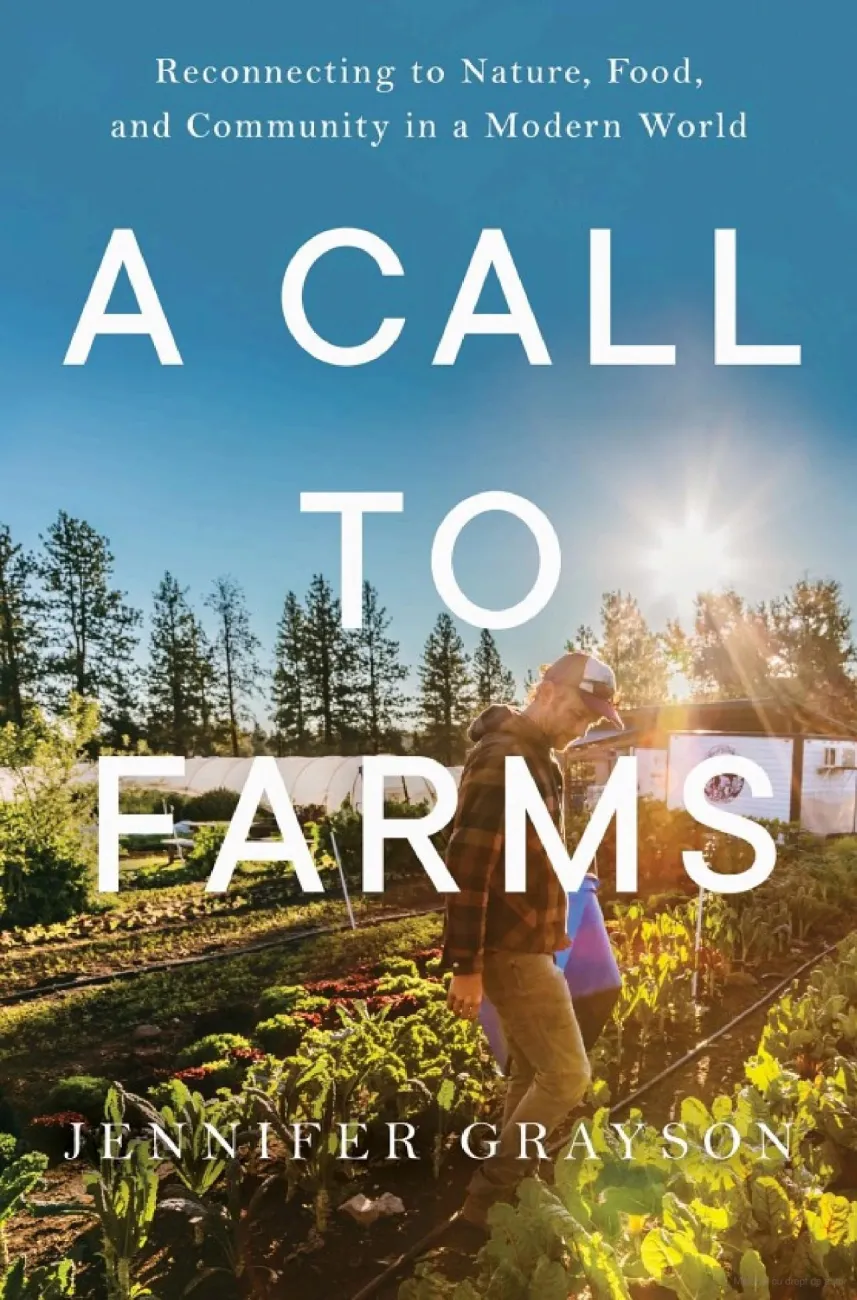 Title of book with a person walking through a field of veg