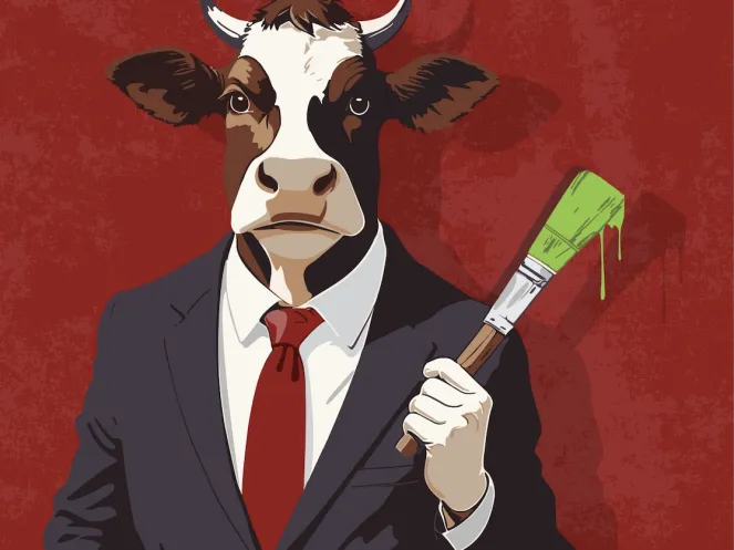 Picture of cow in a suit with a paintbrush with green paint on. 