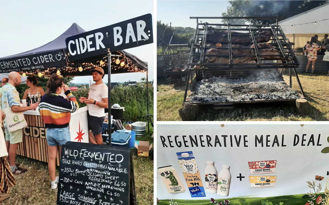 Collage of images taken at Groundswell 2024 - roasting cow, cider bar, Yeo Valley lunch deal