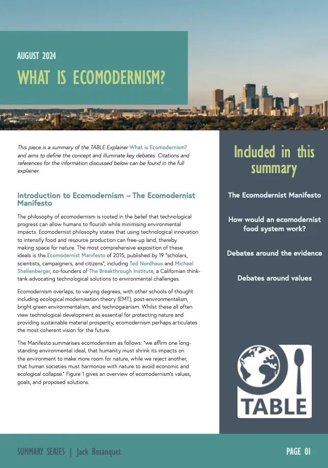 The cover of the TABLE Explainer Summary Ecomodernism, published in August 2024.