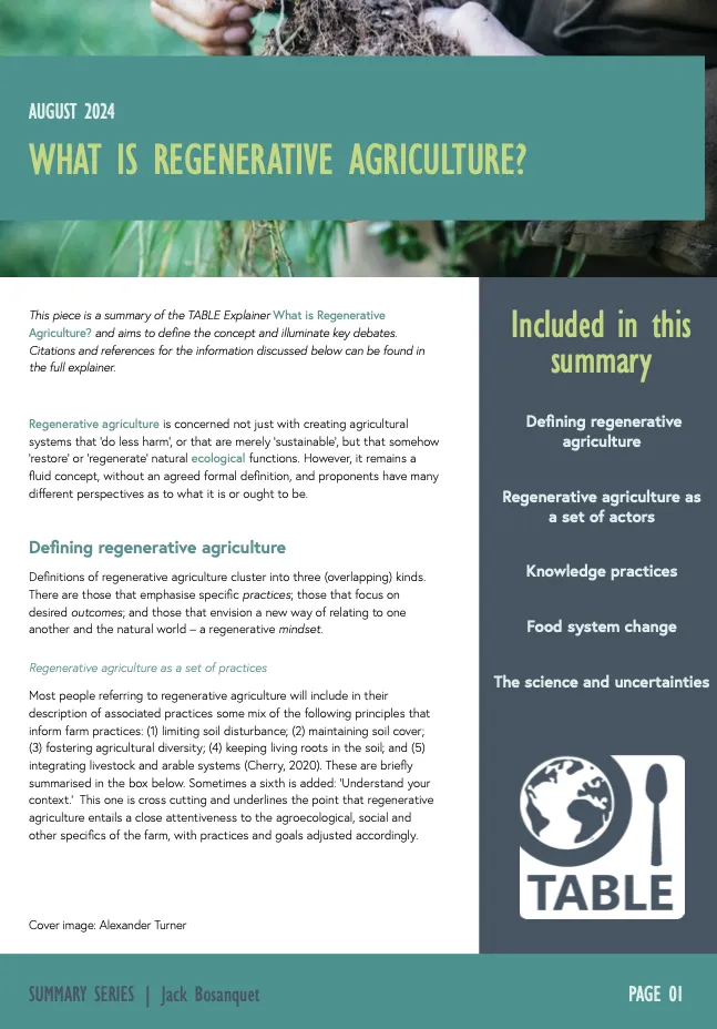 The cover of the TABLE Explainer Summary on Regenerative Agriculture, published in August 2024.