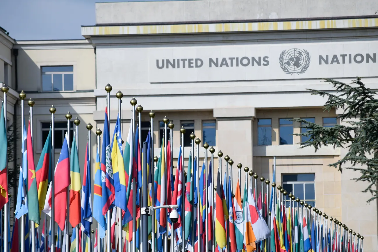 Picture of United Nations with flags in foreground