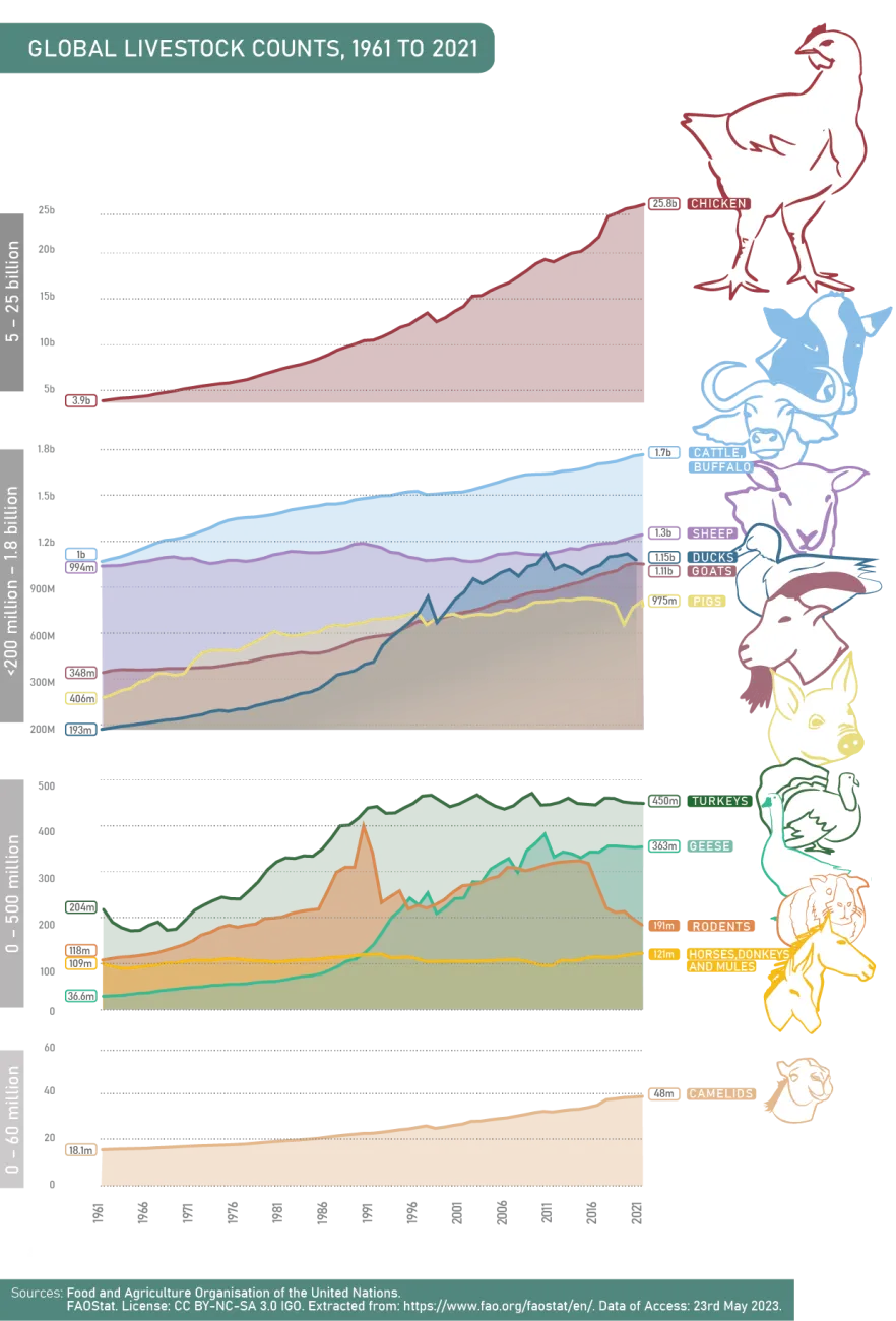 Number of living farmed terrestrial animals at any given point by year and species.