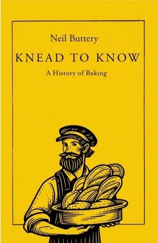 Yellow background with a man with a basket of bread
