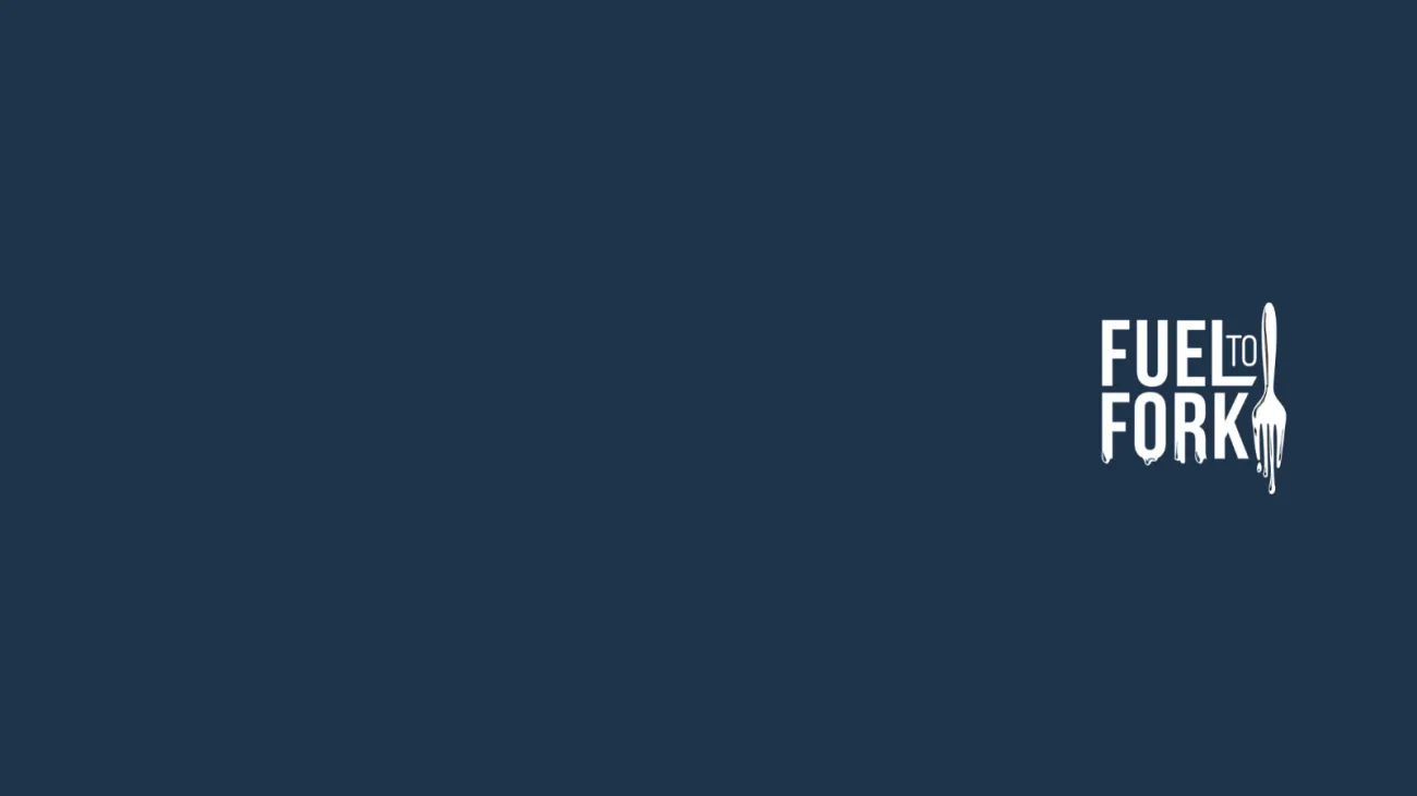 The logo for the podcast "Fuel to Fork" with a dripping fork on a dark blue background.
