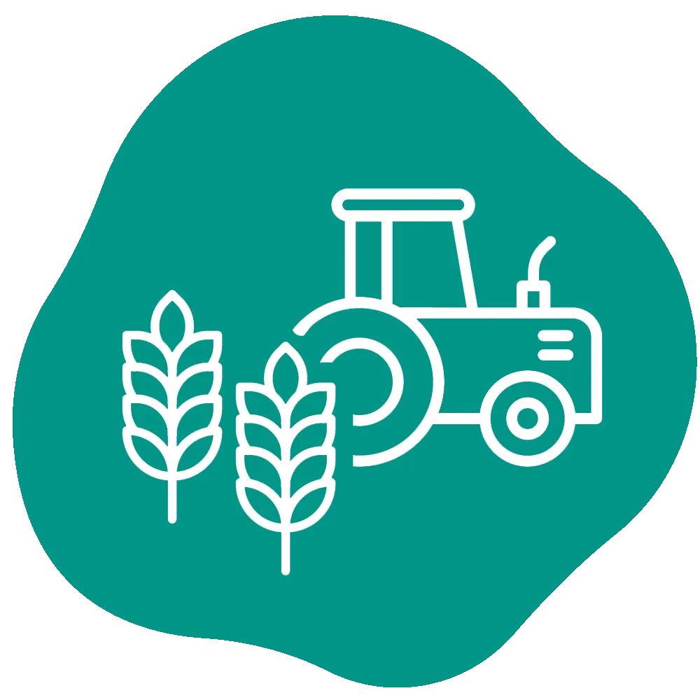An icon featuring an illustration of a tractor and two large wheat stalks.