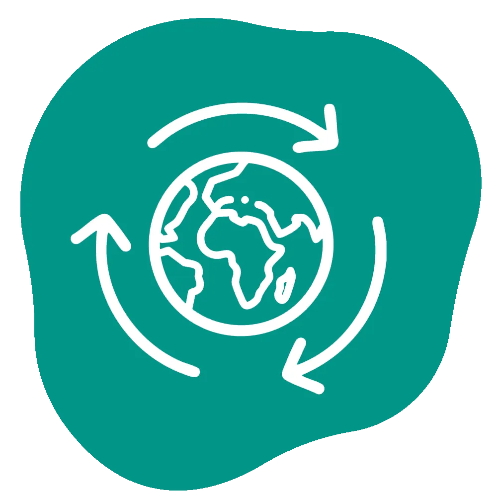 Icon of a globe with three arrows around it pointing in a clockwise direction
