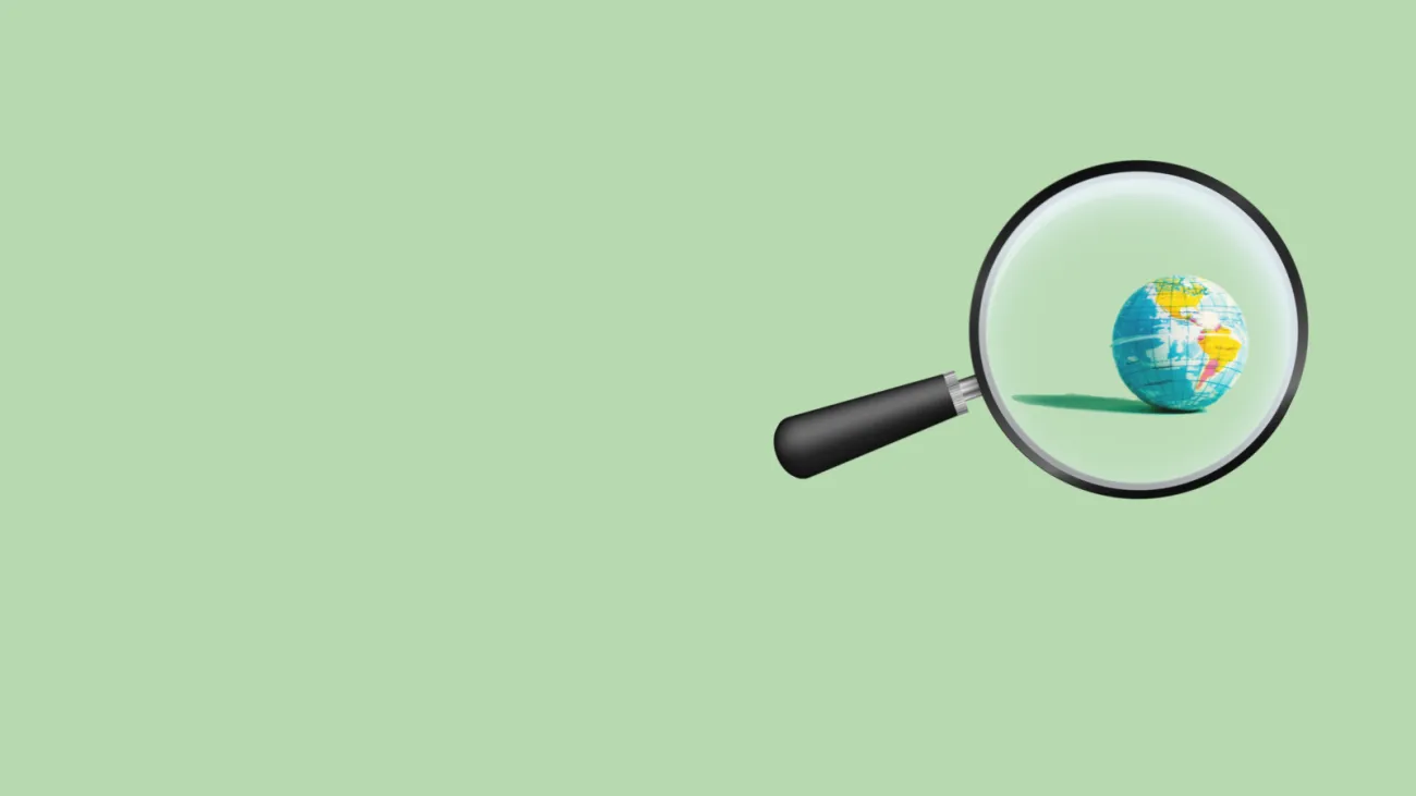 Banner for the alternative protein webinar with a small model globe, underneath a magnifying glass.