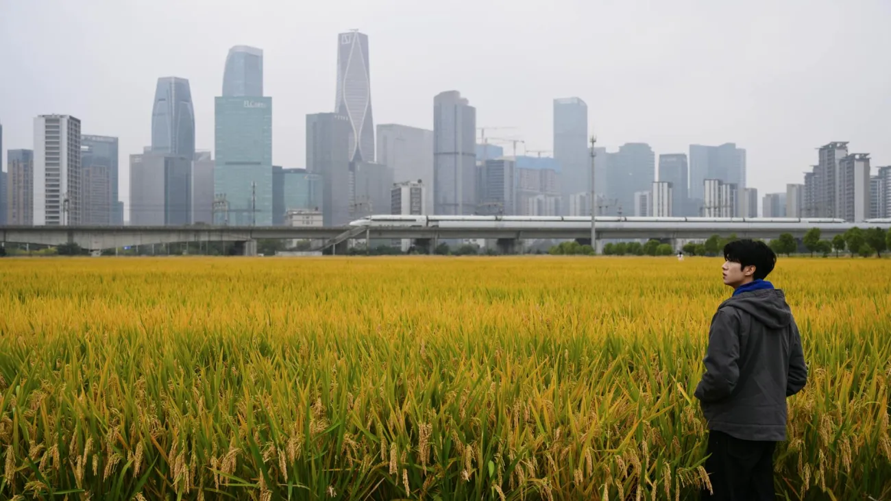 Man in China overlooks city from rice field. Credit: Yifan Lai via Pexels