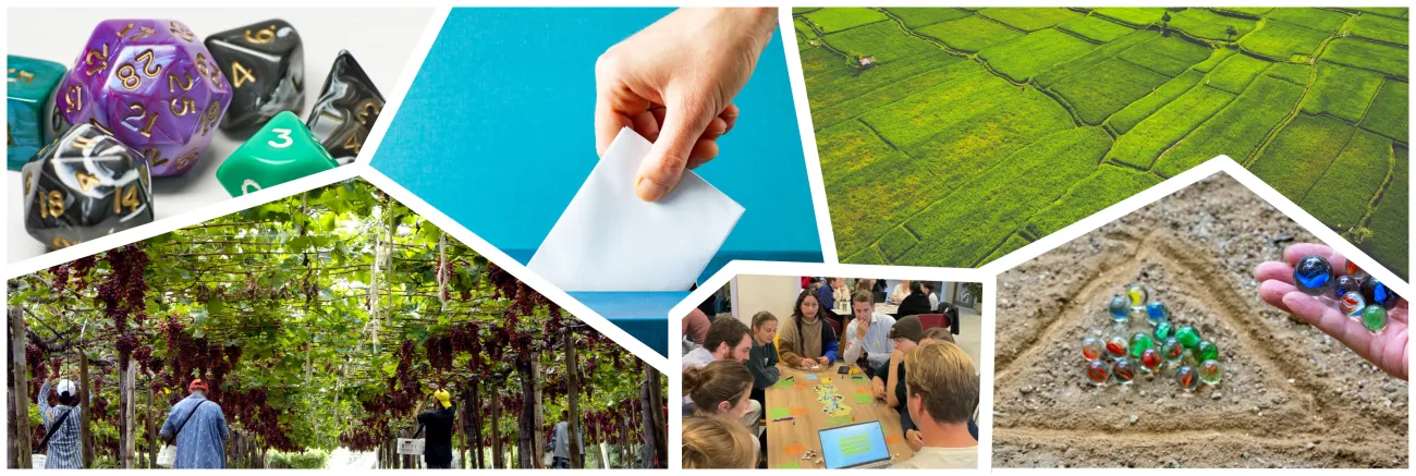 Composite image including images of fields, a vineyard, dice, someone playing marbles, and a group playing a tabletop game