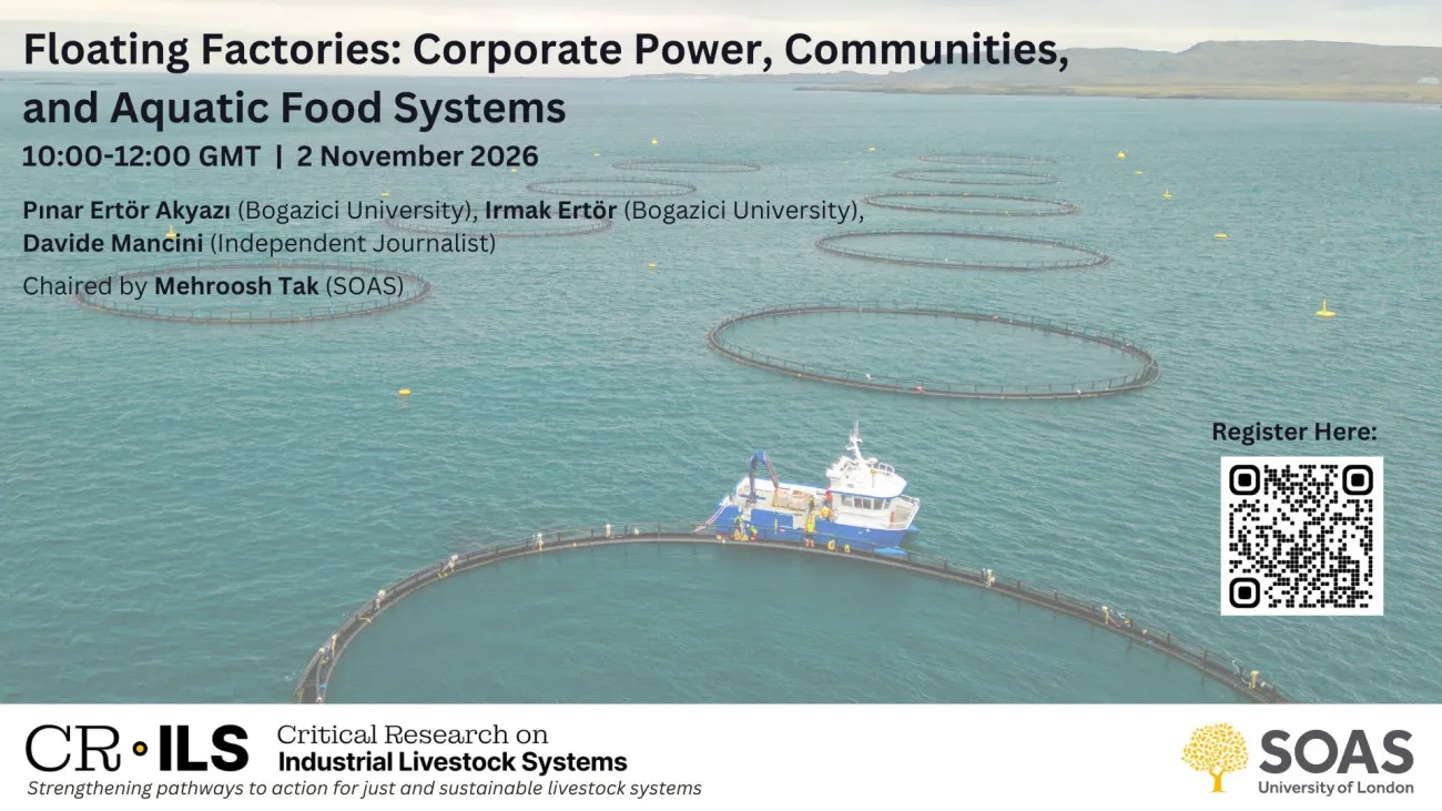 Flyer for the 2 Nov 2026 CRILS workshop "Floating Factories: Corporate Power, Communities and Aquatic Systems"