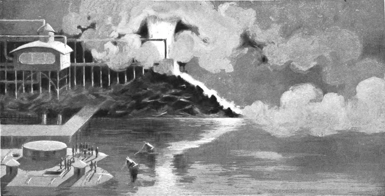 An illustration by William A. Mackay from Clement Fezandié's science fiction novel "Through the Earth" (1898).