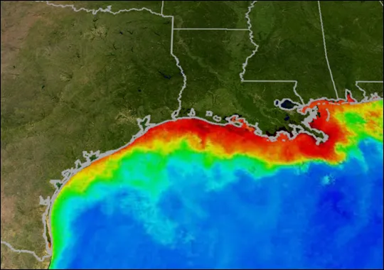 Image: MOAA, Satellite image and illustration of a dead zone in the southern U.S., Wikimedia Commons, Public Domain