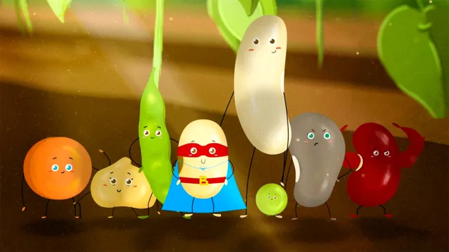A group of beans stand together in a field, including a lentil, a chickpea, a pea pod and a bean superhero wearing a cape.