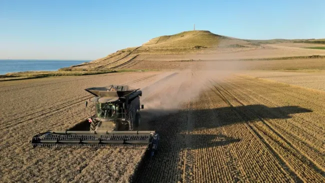 News report image showing a combine harvester in an arable field