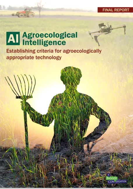 Front cover of report with a farmer’s silhouette and a drone flying overhead.