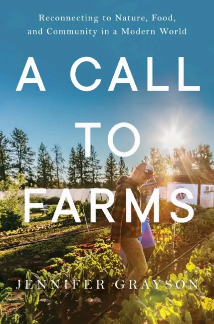 Title of book with a person walking through a field of veg