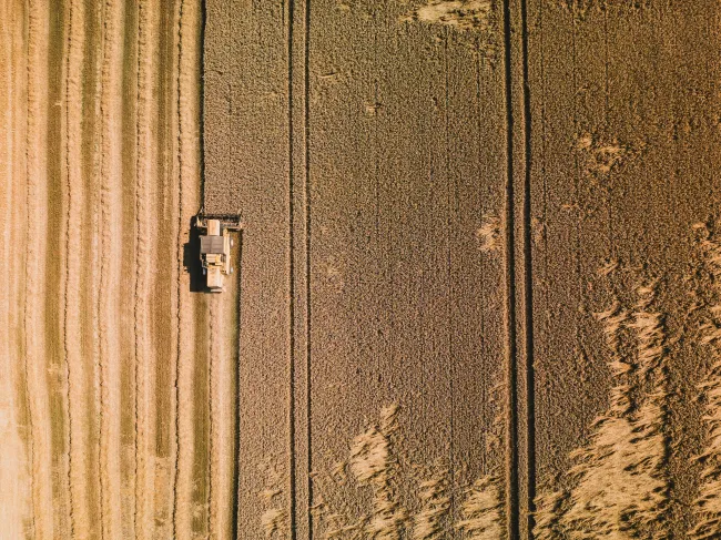 Aerial shot of field with combine harvester. Credit: Timon Reinhard via pexels