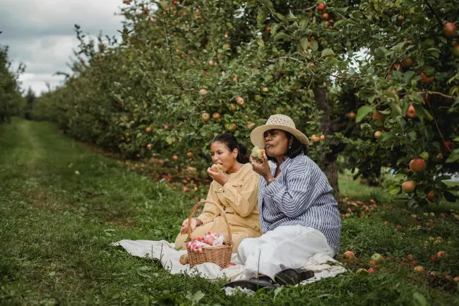 Two people eating in orchard. Credit: Zen Cheung via Pexels