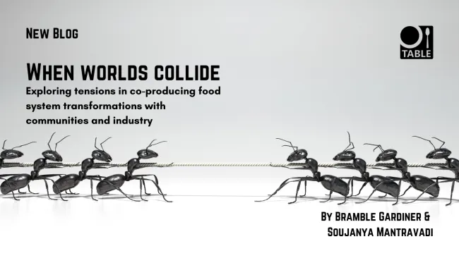Ants in a tug of war with text 'when worlds collide'