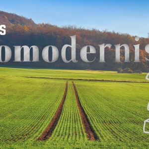 A field with tractor tracks through the middle extends into the distance, with a forest in the distance. The text asks "What is ecomodernism?"