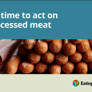 Cover of It’s time to act on processed meat, a report by Eating Better, showing a pile of frankfurters 
