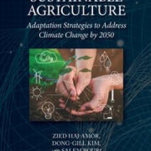Book cover of "Sustainable Agriculture: Adaptation Strategies to Address Climate Change by 2050" with image of two hands holding soil surrounded by sustainability icons.