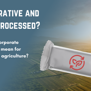 A flyer advertising a 2-part event called "Regenerative and ultra-processed? What does corporate engagement mean for regenerative agriculture?" taking place on two dates: 11 January 2024 and 7 February 2024 at 4pm GMT both days. The image also contains a gradient background with photo of a sunset over farmland and a white packaged food with a symbol on it that depicts recycling and leaf as a proxy for a regenerative label.