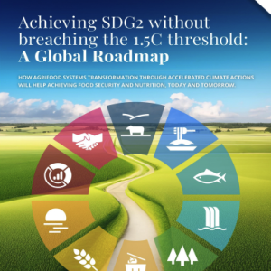 FAO report front cover with several SDG icons in a concentric ring set over an agricultural background. Title is "Achieving SDG2 Without Breaching the 1.5C Threshold".